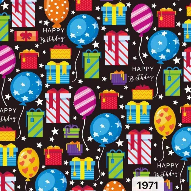 Premium glossy art paper featuring colorful birthday themes and celebration patterns for festive gift wrapping.